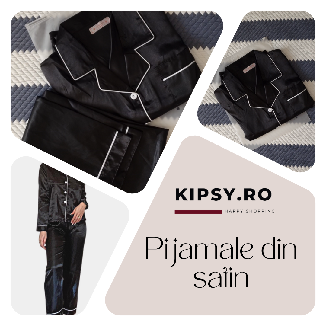 Pijamale satin | Pijama satinata dama | Pijamale dama Negru